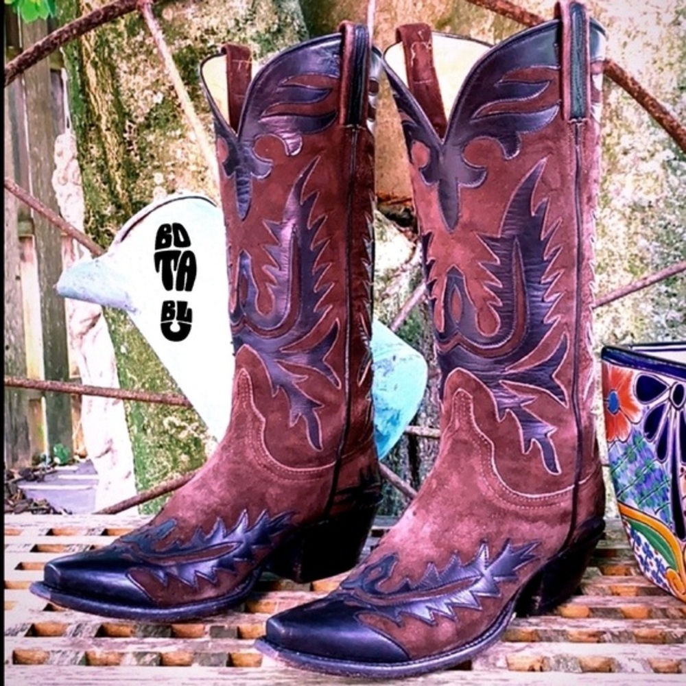 LUCCHESE Classics Handmade Vintage Tall Black Brown Leather Western Cowboy Boots